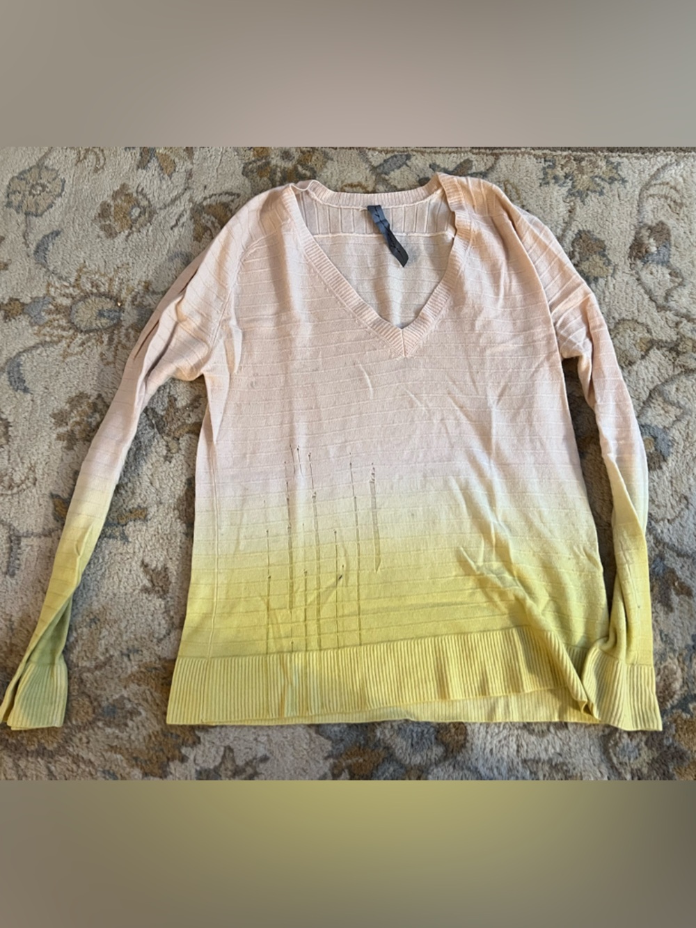 Raquel Allegra Ombre V-Neck Sweater in Pale Pink and Lemon Yellow